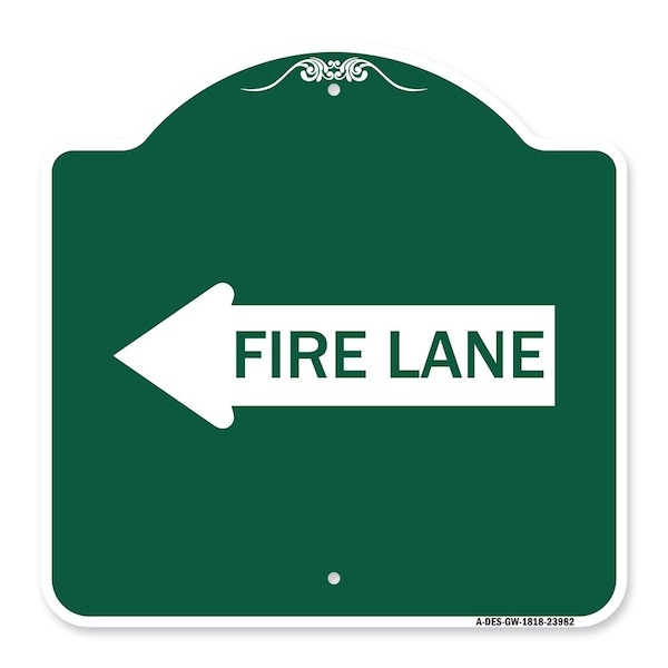 Designer Series Sign-Fire Lane Left Arrow, Green & White Aluminum Sign, 18" x 18", GW-1818-23982